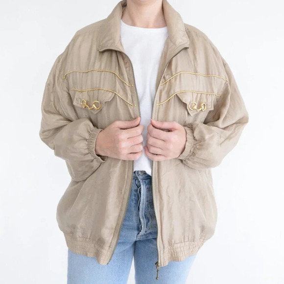 Vintage 90s Evr Rousso Apparel Champagne 100% Silk Zip Up Bomber Jacket L - Picture 2 of 11